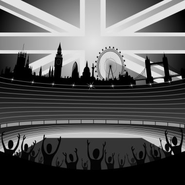 Stadium with fans and London skyline clipart