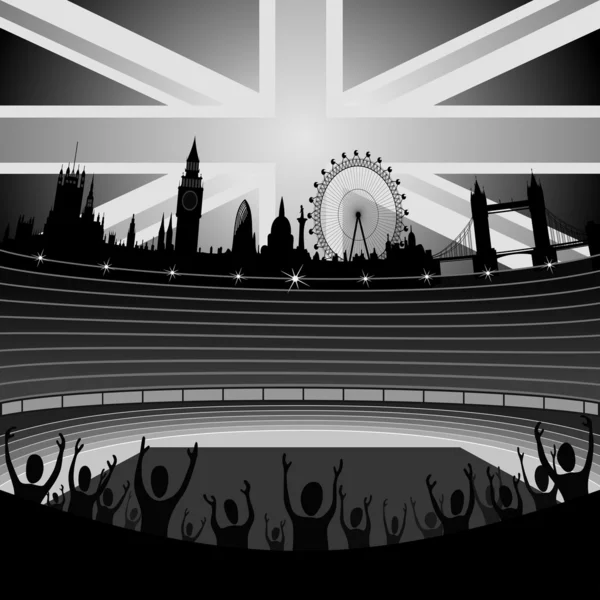 Stadium with fans and London skyline — Stock Vector