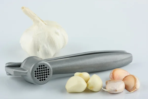 Fresh garlic and steel press — Stock Photo, Image