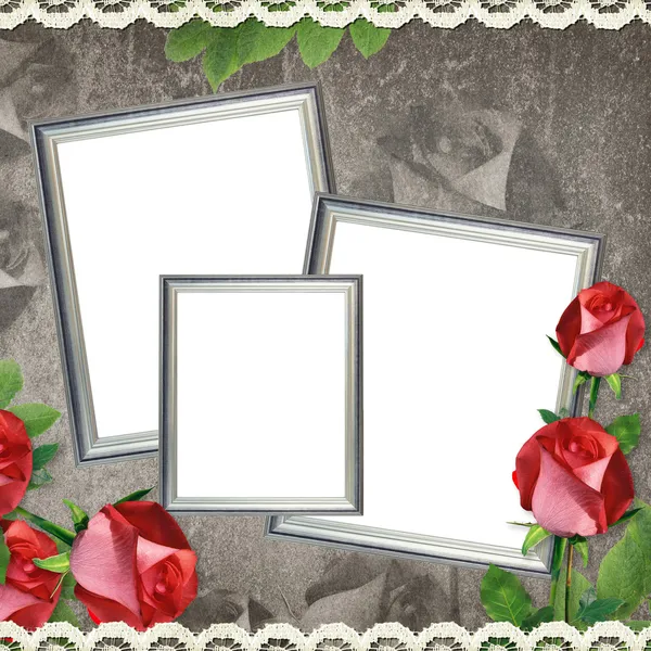 Three silver frames on old paper background — Stock Photo, Image