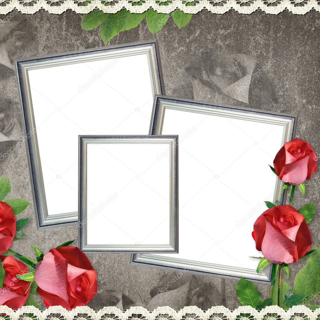Three silver frames on old paper background