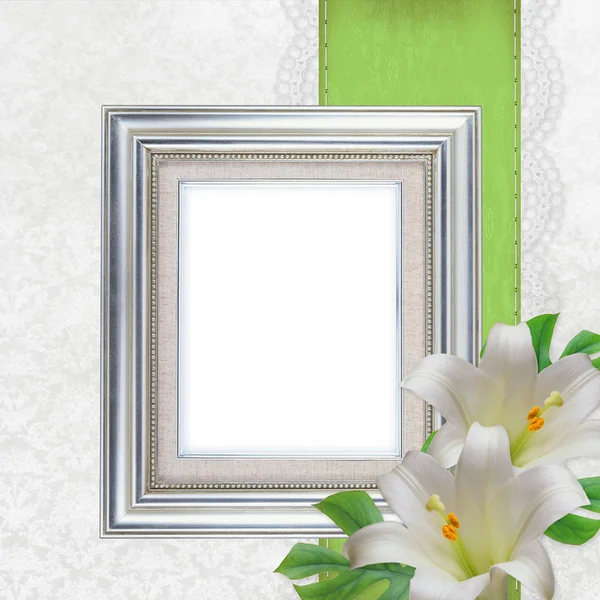 2 silver frames and white Lilies on white background (1 of set) — Stock Photo, Image
