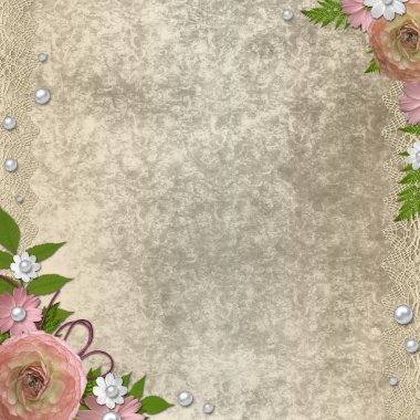 Vintage beige background with pink roses, pearls and lace clipart