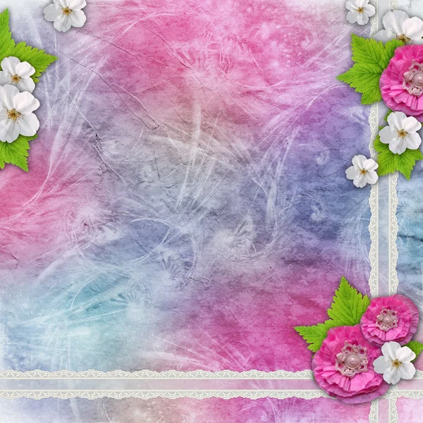 Vintage blue and pink background with flowers, lace — Stock Photo, Image