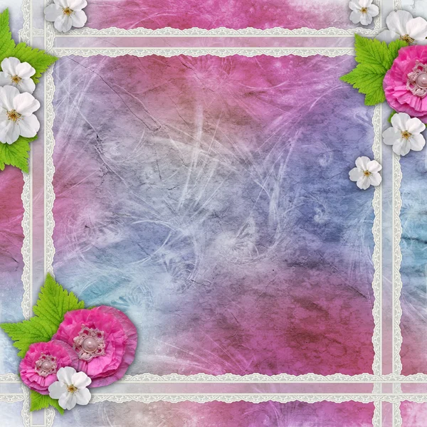 Vintage blå och rosa bakgrund med blommor, spets — Stockfoto