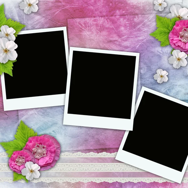 Vintage achtergrond met frames voor foto's, bloemen, lace — Stockfoto