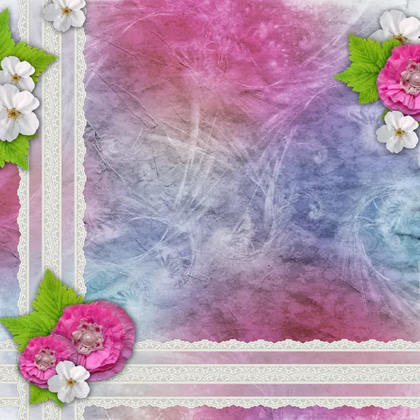 Vintage modré a růžové pozadí s květinami, krajka — Stock fotografie