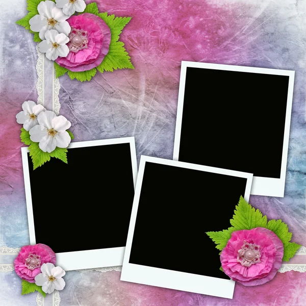 Винтажный фон с рамками для фотографий, цветов, кружева — стоковое фото