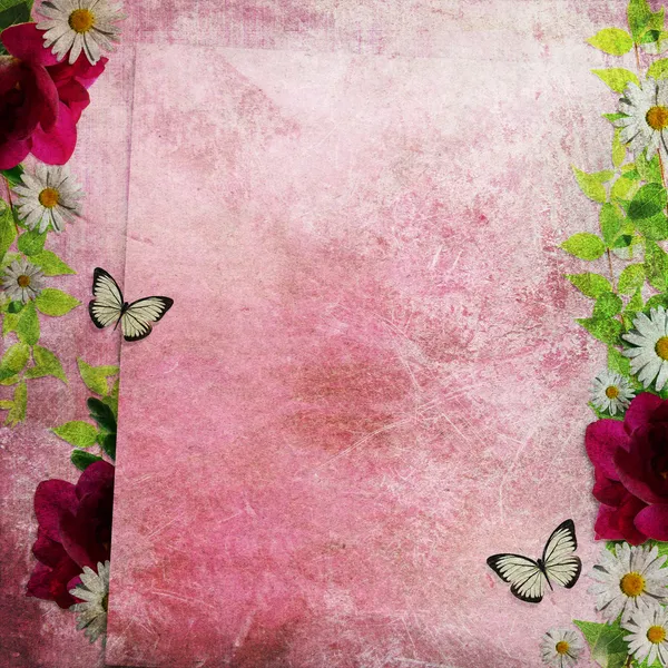 Sommer-Grunge-Hintergrund mit Fresia, Daisy, Schmetterlingen — Stockfoto