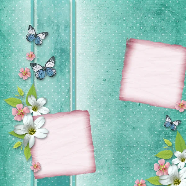 Karta s květiny a motýl pro blahopřání k dovolené — Stock fotografie