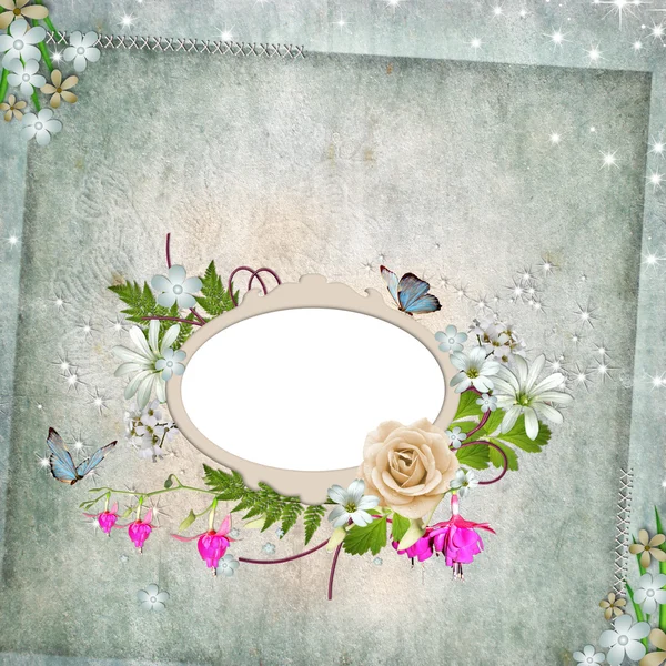 Frame voor foto met rose-, blad- en vlinder — Stockfoto