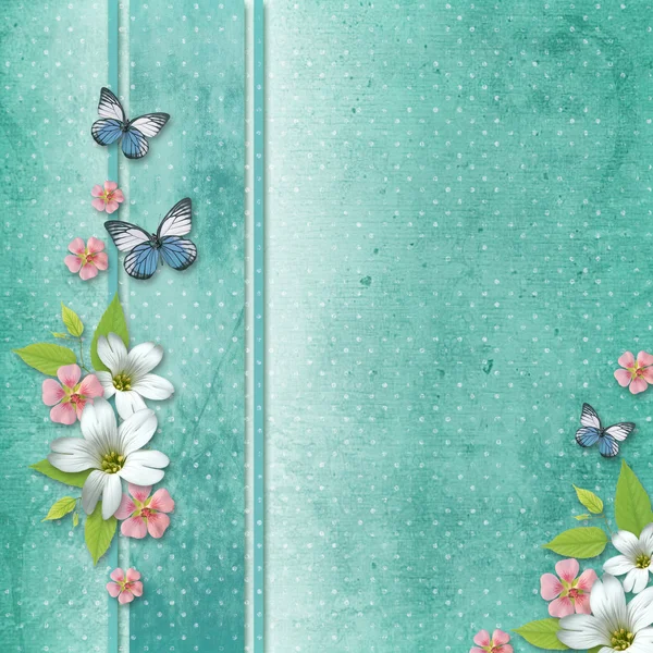 Carte avec fleurs et papillon pour féliciter les vacances — Photo