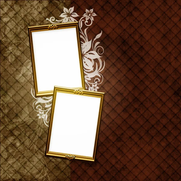 Golden frame over vintage striped wallpaper and floral elements — Stock Photo, Image