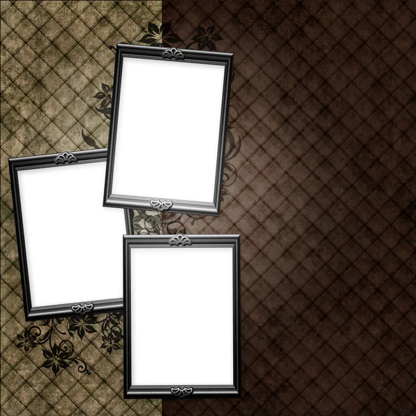 Silver frame over vintage striped wallpaper and floral elements — Stock Photo, Image