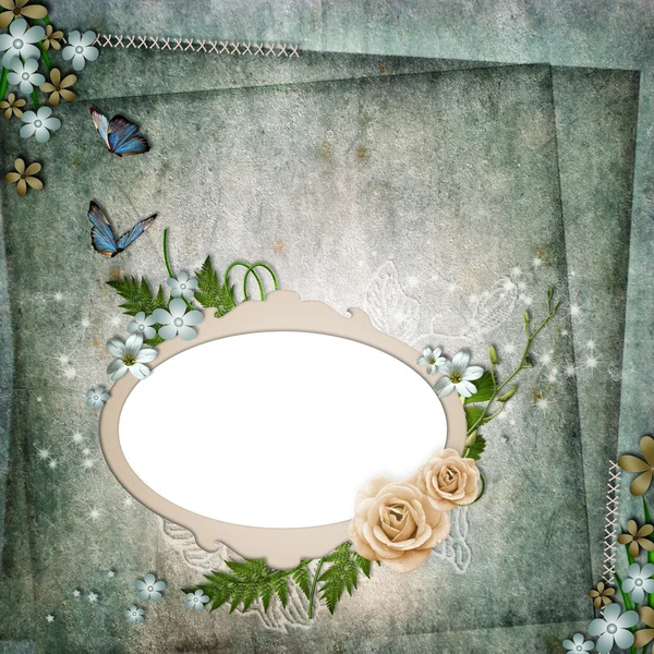 Frame voor foto met rozen-, blad- en vlinder — Stockfoto
