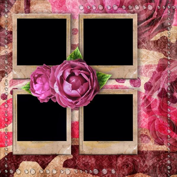 Romantic vintage background with frames, dry rose and drops — Stock Photo, Image