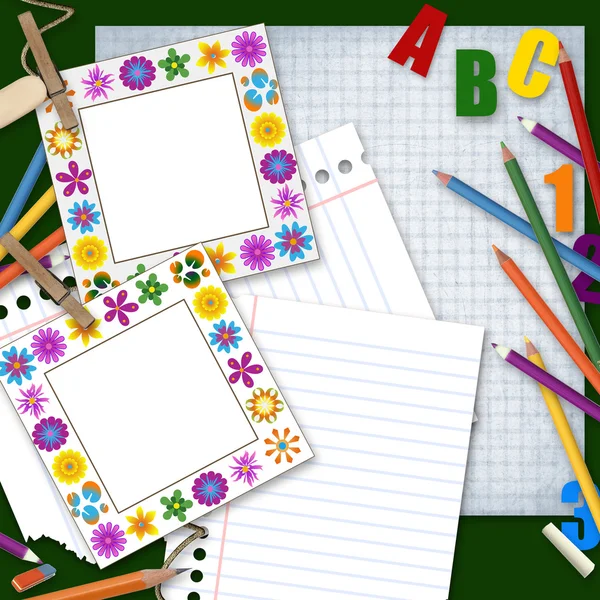 Dos marcos, papel y lápices, de vuelta al fondo escolar — Foto de Stock