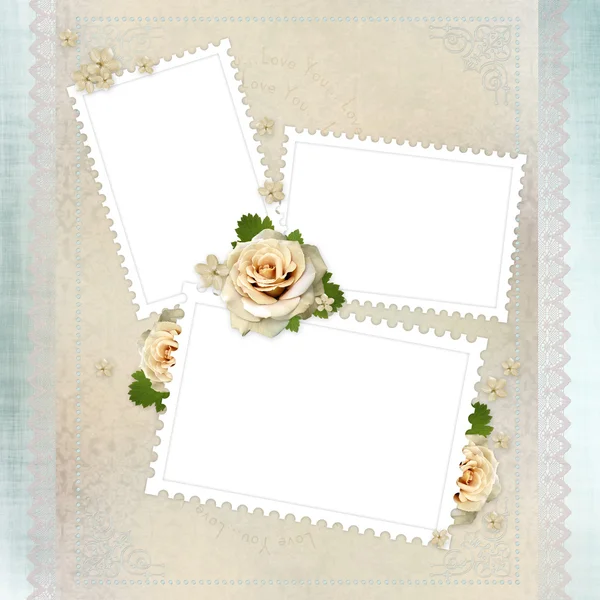 Vintage background with stamp frames, beige roses and lace — Stock Photo, Image