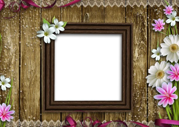 Wooden photo frame over grunge wood background — Stock Photo, Image