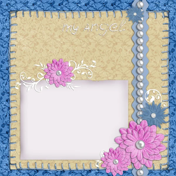 Scrapbook layout i blå och beige färger med papper, pärlor och — Stockfoto