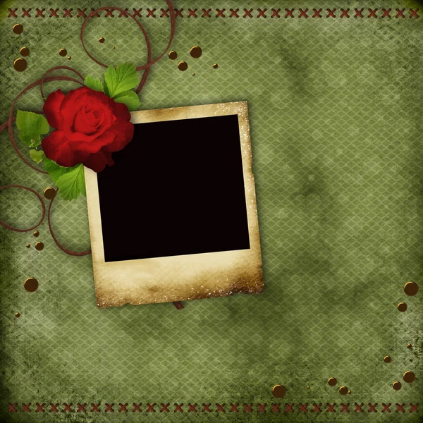 Ročník karta s červené růže a starý rám pro Foto — Stock fotografie