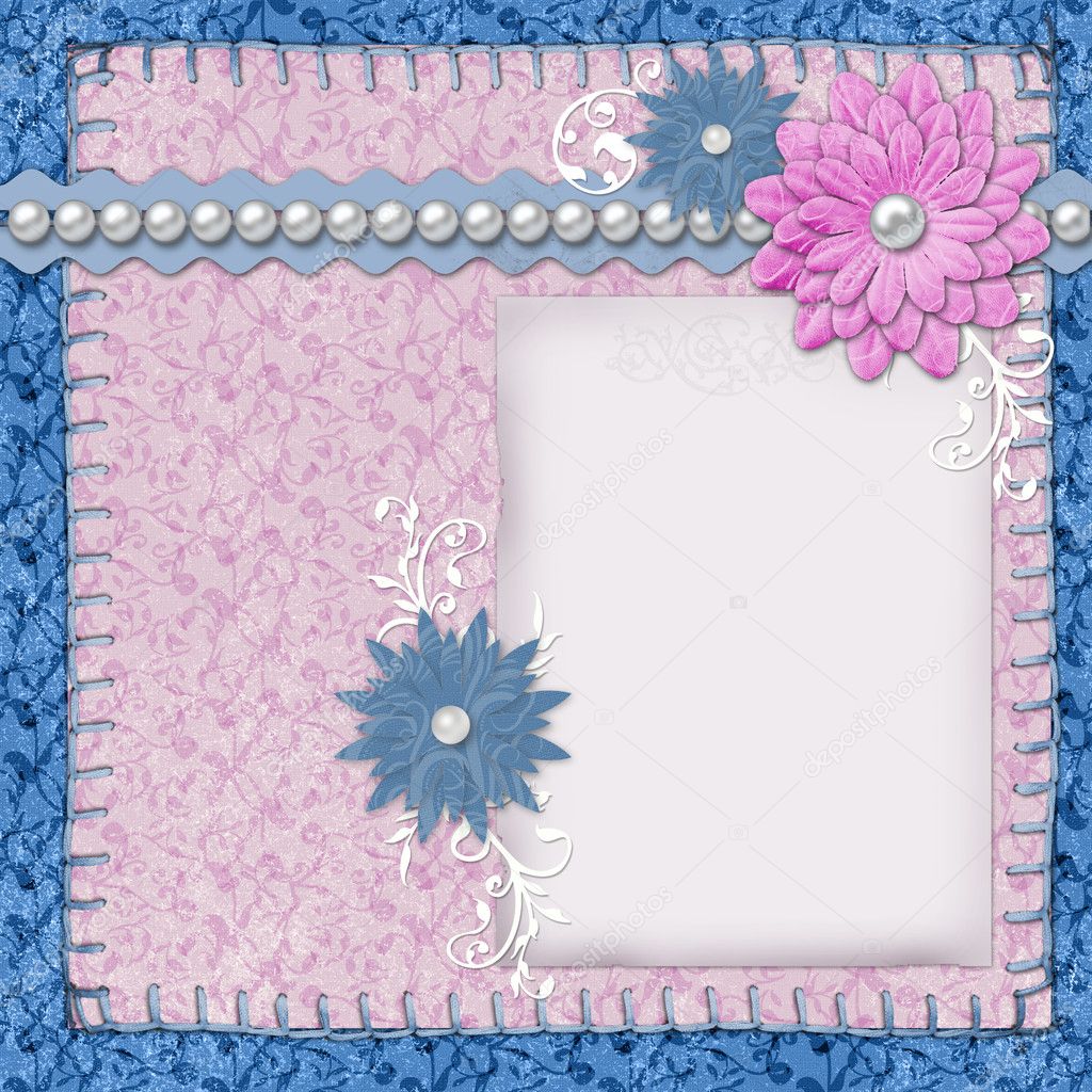 Scrapbook layout in blue and pink colors with paper, pearls and