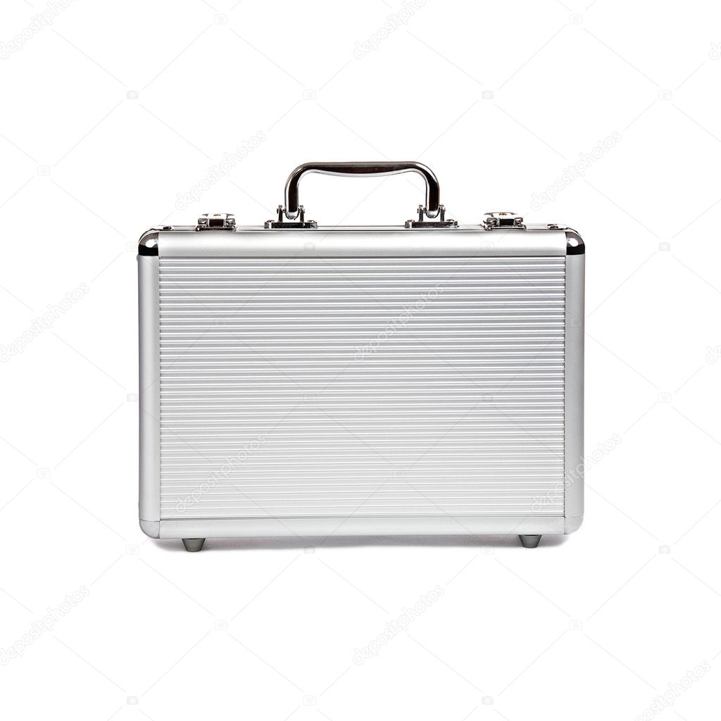 Metallic suitcase on white background