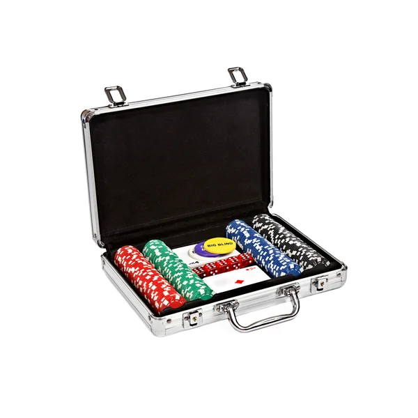 Instellen voor poker in koffer op witte achtergrond — Stockfoto