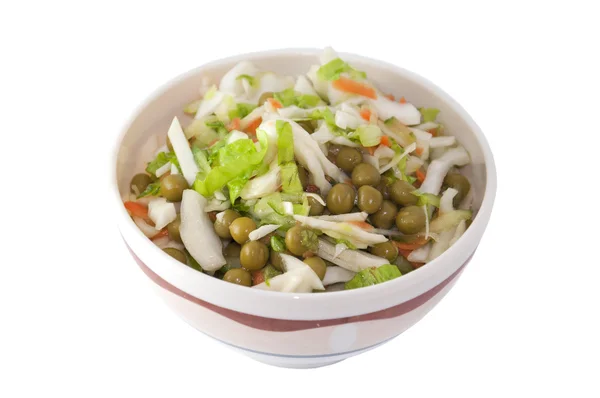 Frischer Salat und Erbsen aus der Dose, Isolation — Stockfoto
