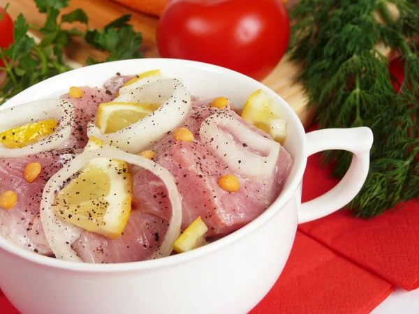 Marinated meat with lemon and onion — Stock Photo, Image