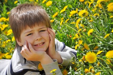 Çocuk dandelions içinde yer alır.