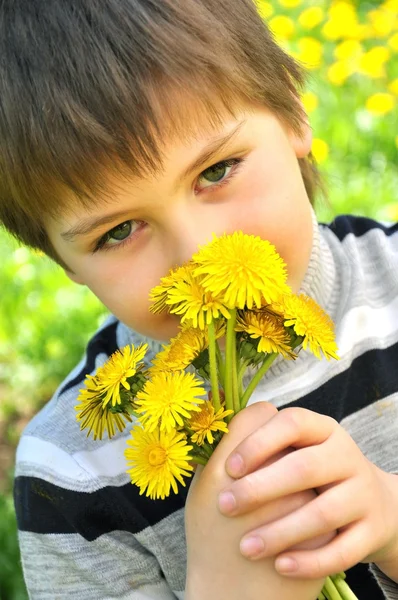 The boy lies in the dandelions — Stock Photo, Image