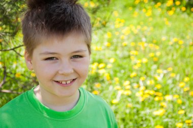 Çocuk dandelions içinde yer alır.