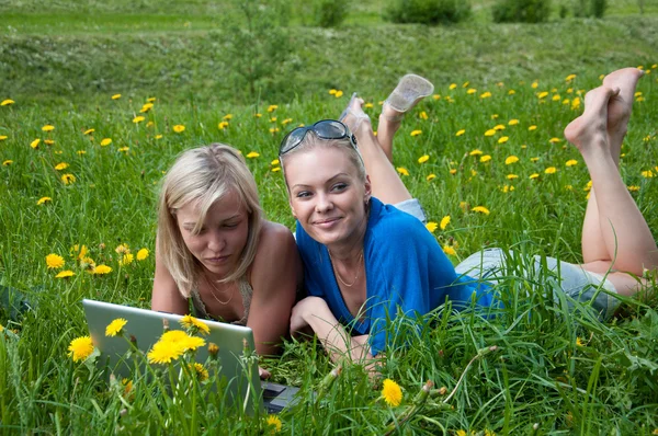 Twee meisjes student met een laptop in het park — Stockfoto