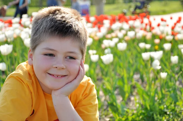 Retrato de um menino em um fundo de tulipas em um dia ensolarado — Fotografia de Stock