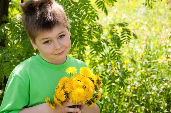 A boy with a bouquet of dandelions — Stock Photo, Image