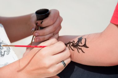 Application of a temporary tattoo on his hand clipart