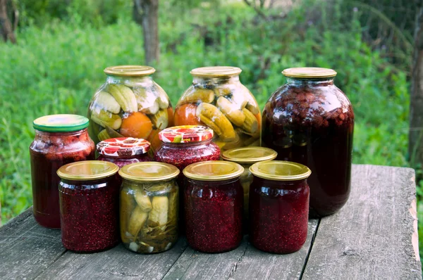 stock image Home canning. Pickled vegetables and jam