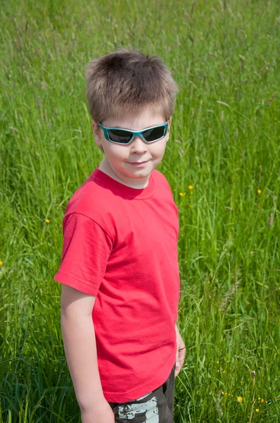 Un ragazzo che indossa occhiali da sole su uno sfondo di erba verde — Foto Stock
