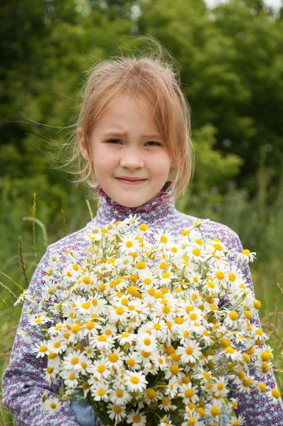Chica con un ramo de margaritas campo — Foto de Stock