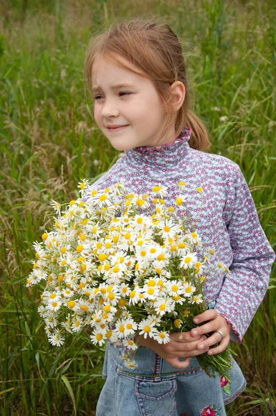 ヒナギク フィールドの花束を持つ少女 — ストック写真