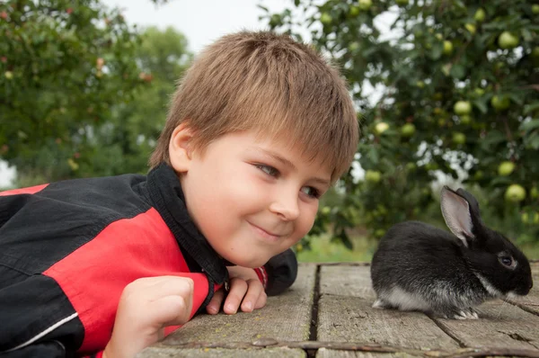 stock image A boy with a rabbit in the garden at the cottage