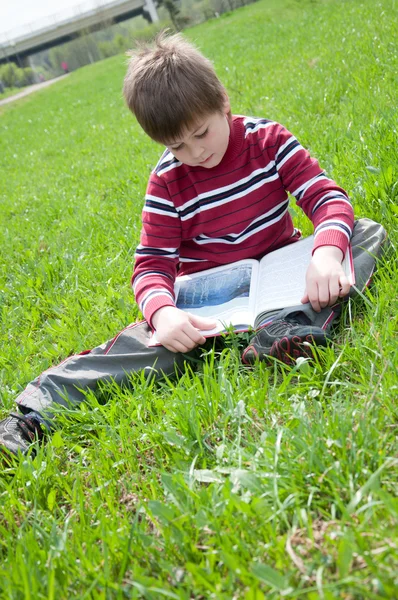 A boy reads a book in the park — Stock Photo, Image