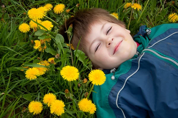 这个男孩躺在草地上与蒲公英 — 图库照片