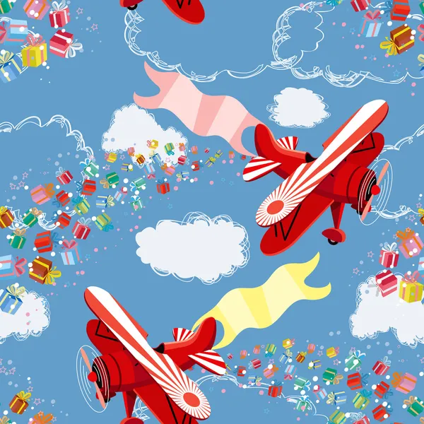 Background with biplane throwing gifts — Stock Vector