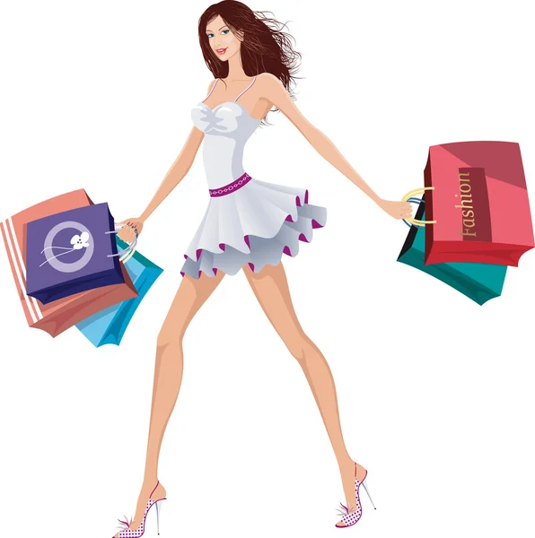Chique dame met shopping tassen — Stockvector