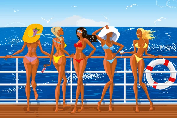 Schöne Mädchen im Bikini segeln auf der Jacht — Stockvektor