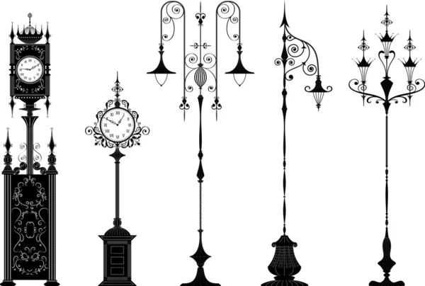 Old-fashioned street lanterns and clocks — Stock Vector