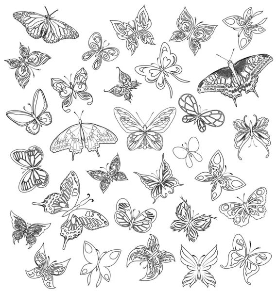 Fekete fehér pillangók egy tetoválás készlet — Stock Vector