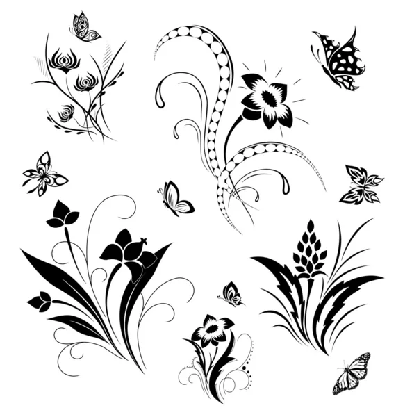 Conjunto com borboletas e padrões de flores — Vetor de Stock
